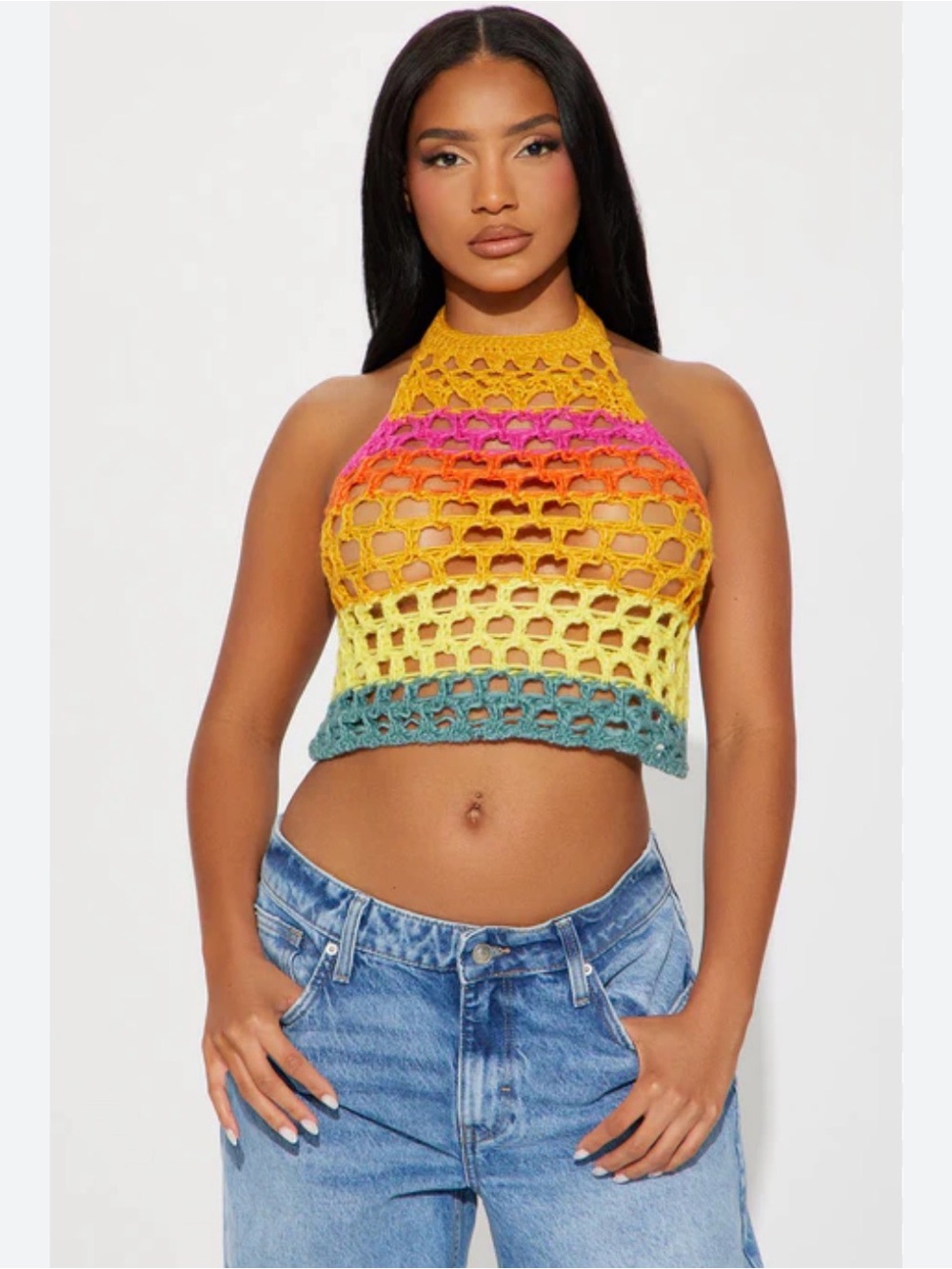 Fashion Nova Crocheted Halter Crop Top - Yellow, Pink, Orange, Green, Teal